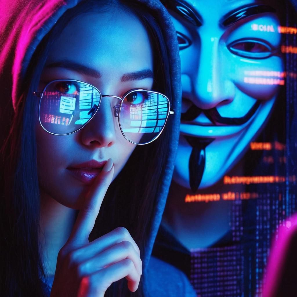 Female Hacker with Guy Fawkes Reflection in Cyberpunk Style