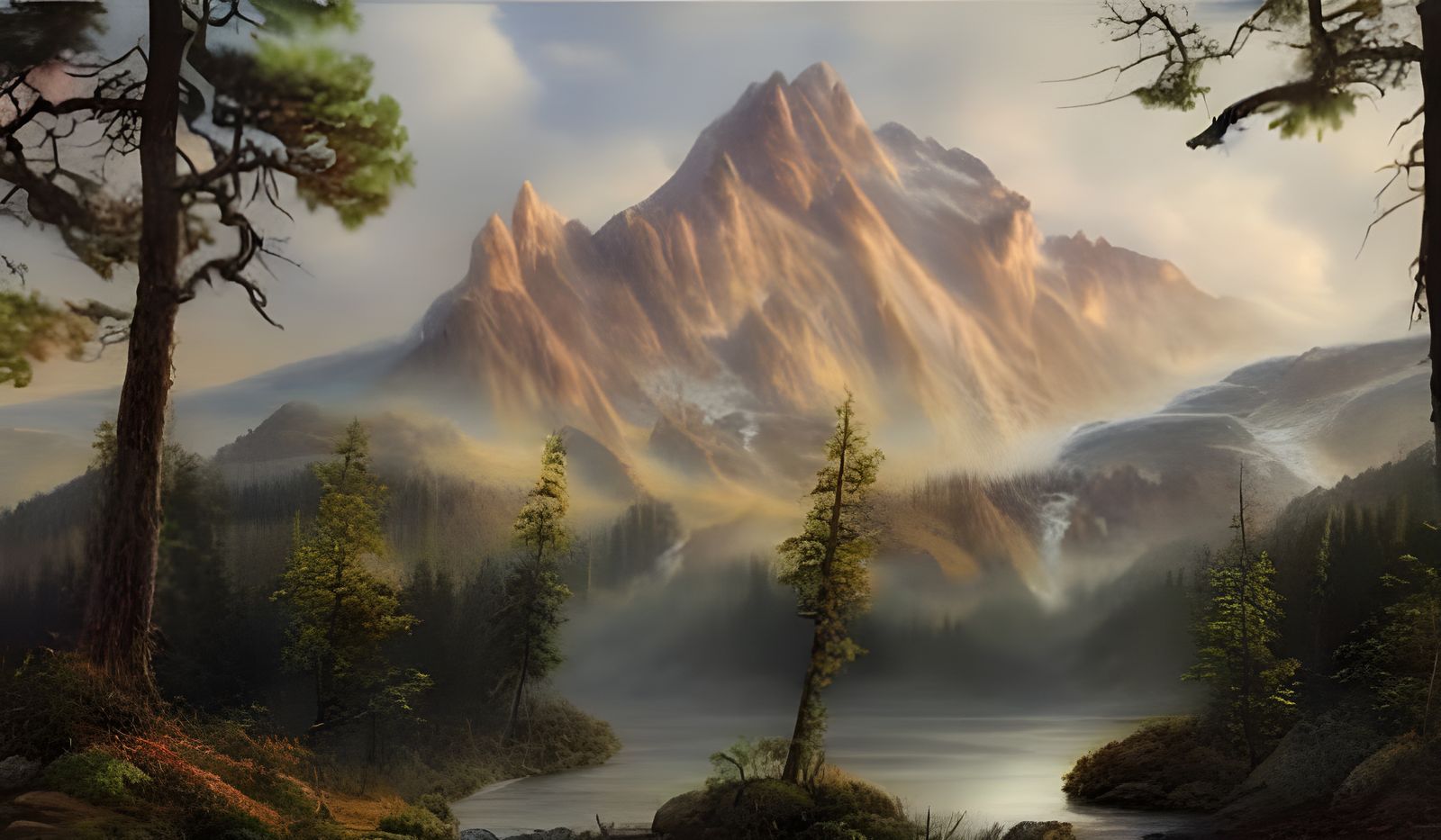 Hyperrealistic Oil Painting of Mountain Landscape