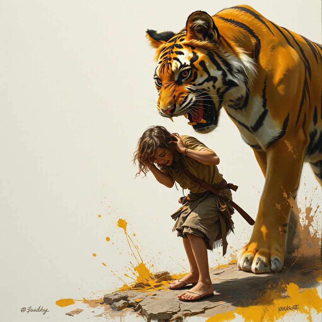 Terrified Figure Flees from Looming Tiger in Haunting Oil La...