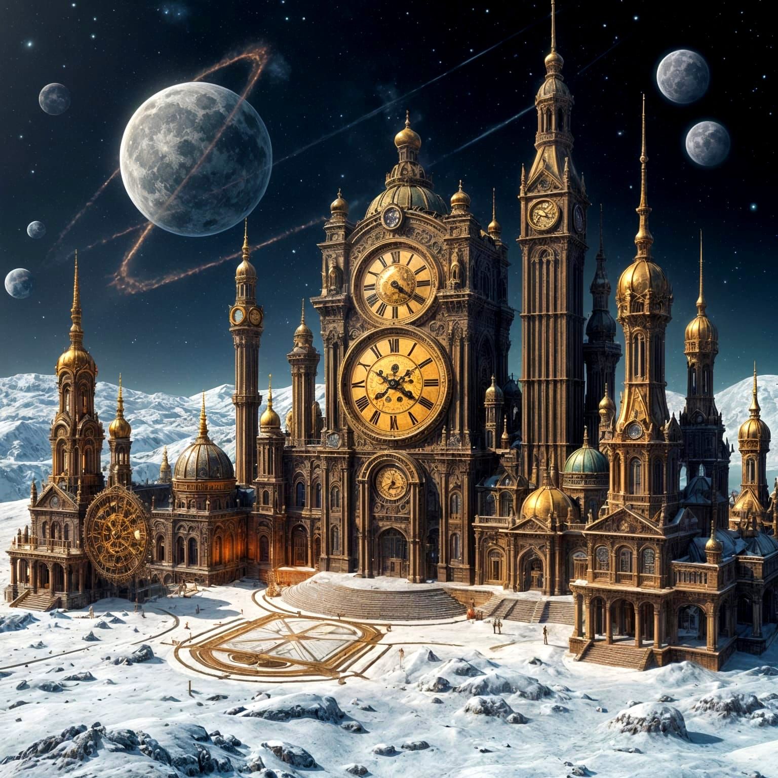 Steampunk Moon City with Clockwork and Nebulae