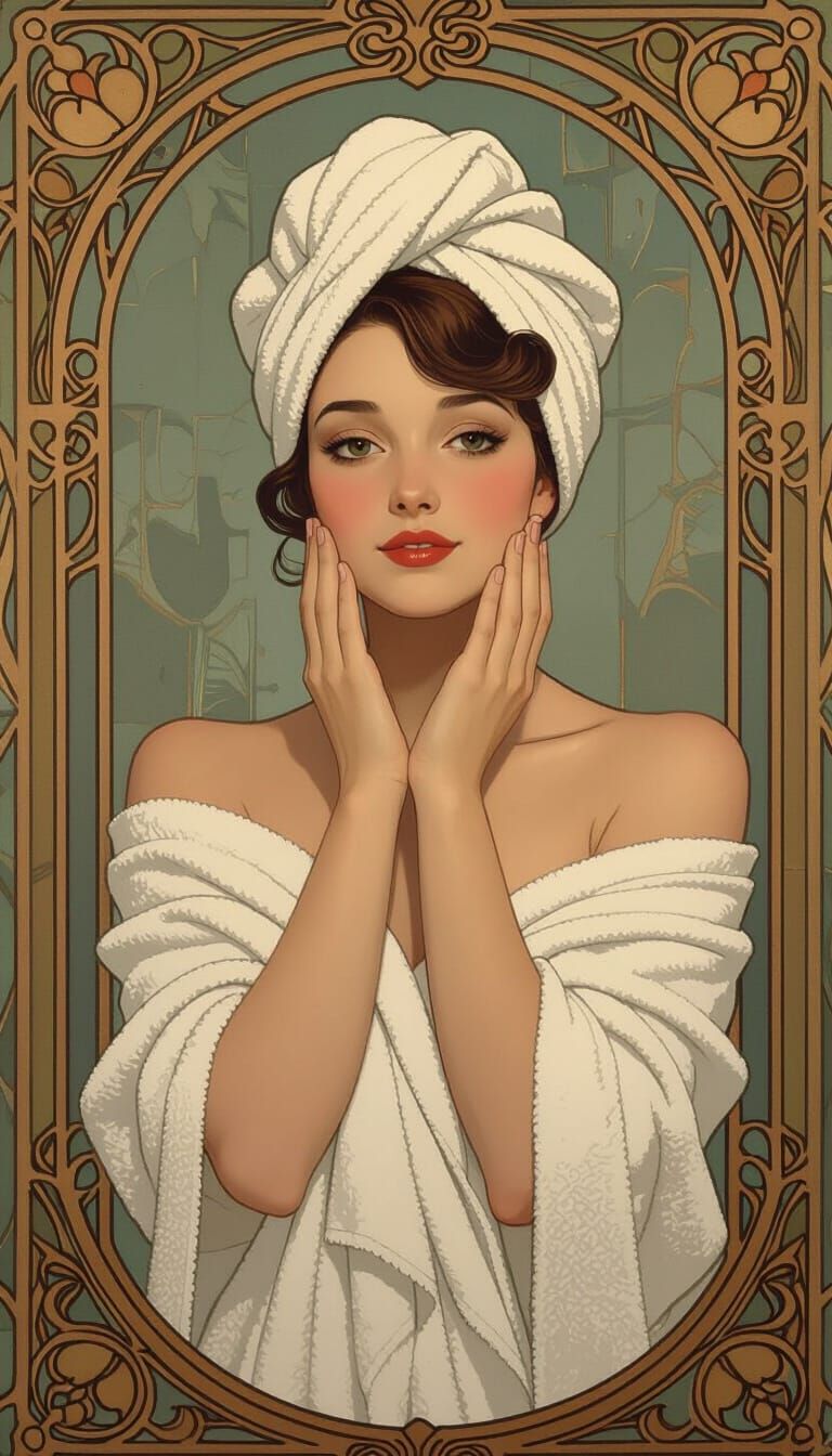 Art Nouveau Woman Drying Face with Towel, Warm Lighting