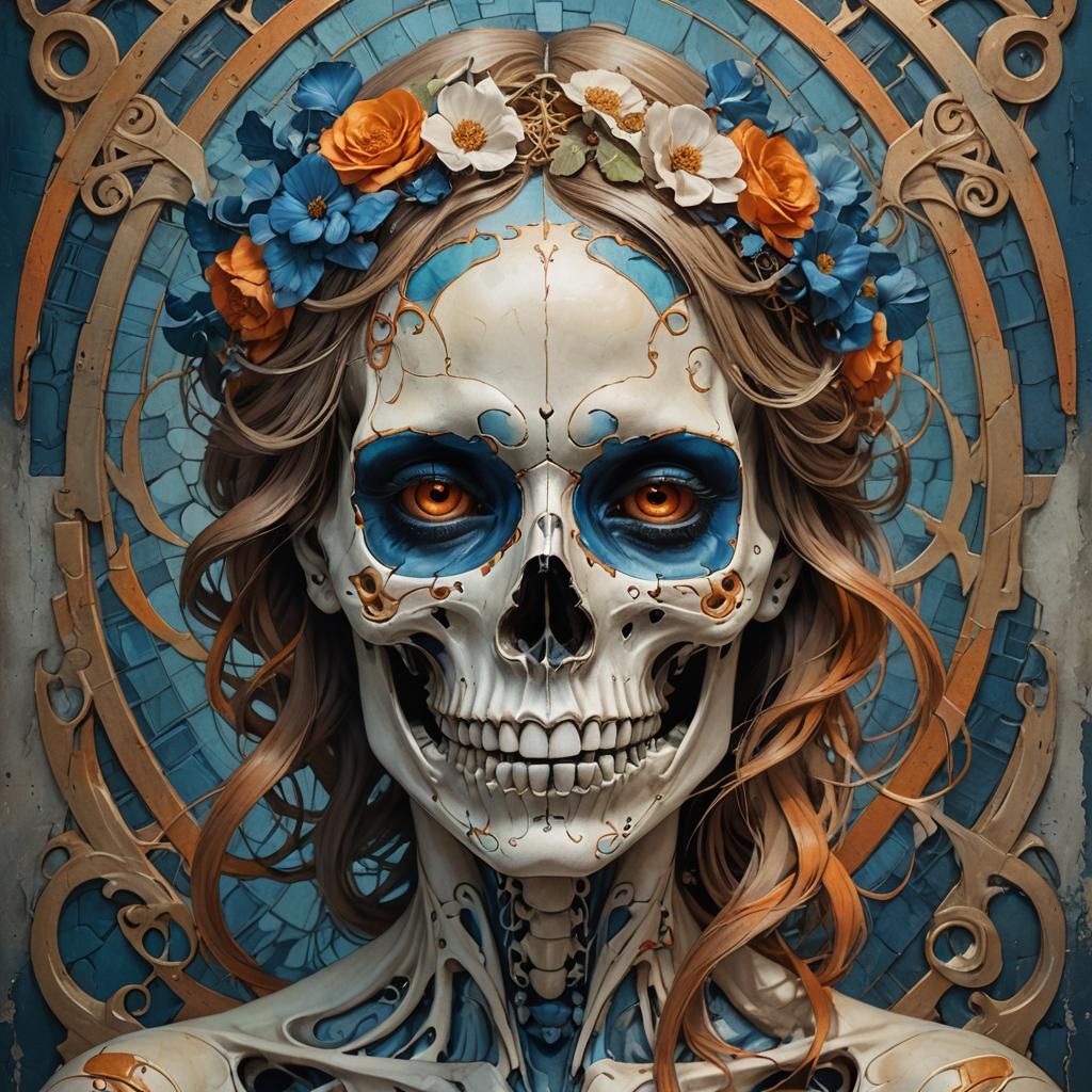 Ethereal Female Skull Portrait in Mixed Media