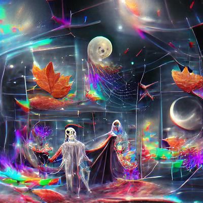 Holographic Halloween Cosmic Art in Pablo Amaringo Style