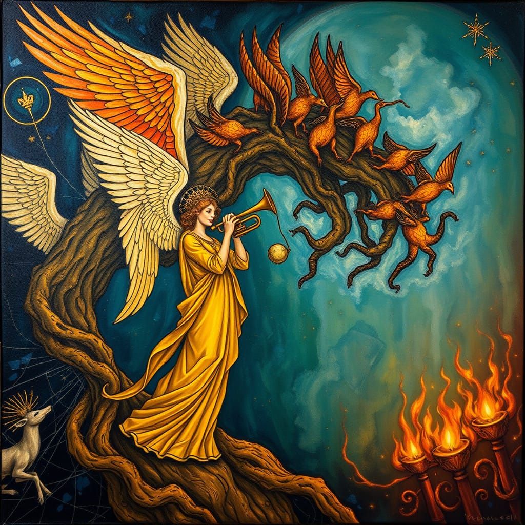 Dark Fantasy Oil Painting: Angels and Whirlwinds