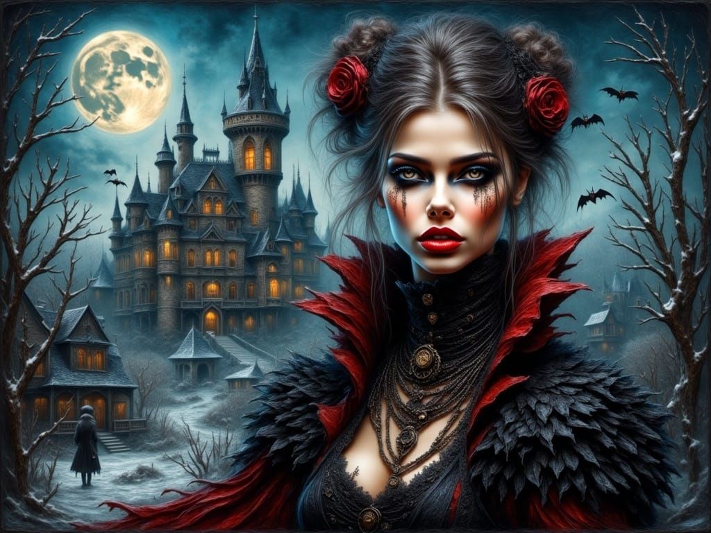 Dark Winter Castle Scene with Vampiress and Bats in a Macabr...