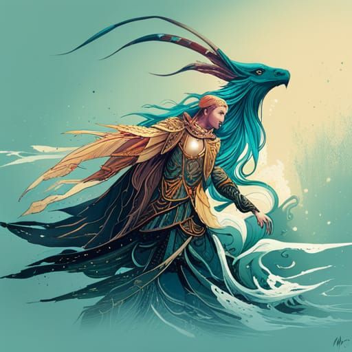 Atlantean Warrior Digital Painting with Golden Outlines