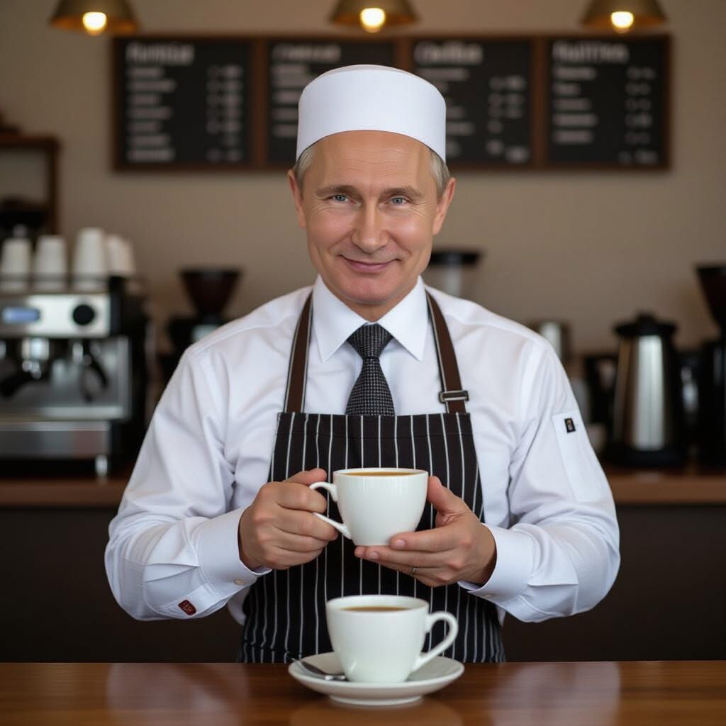Vladimir Putin as Barista Serving Tea