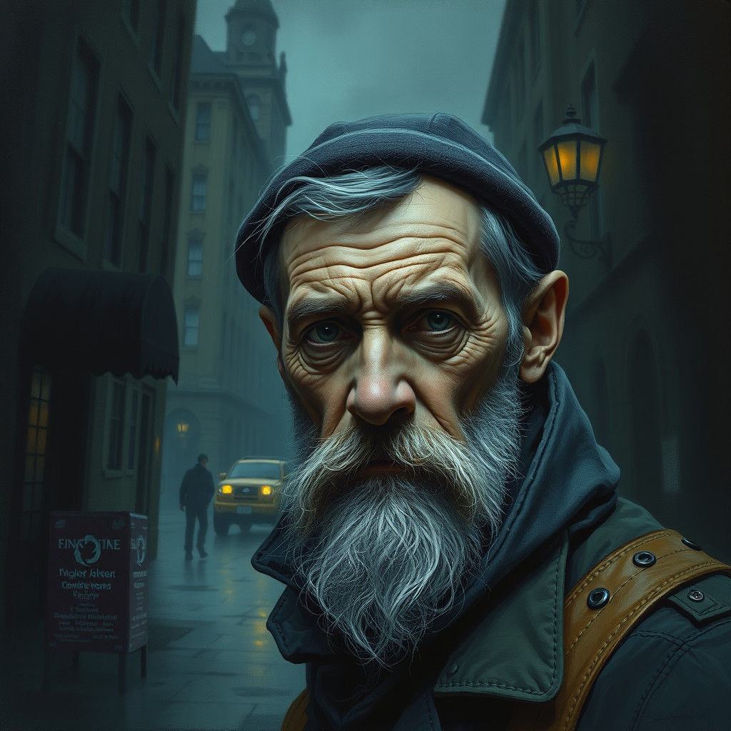Gloomy Eldritch City Peddler Portrait in Gouache