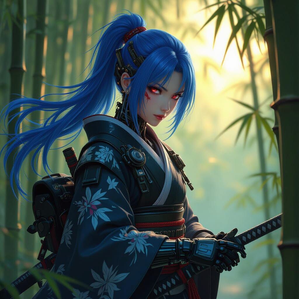 Futuristic Ninja in Bamboo Forest, Anime Style