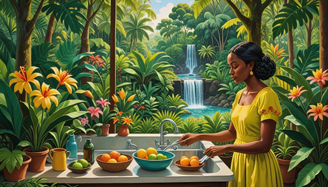 Vibrant Folk Art Scene of African Woman in Sunny Kitchen