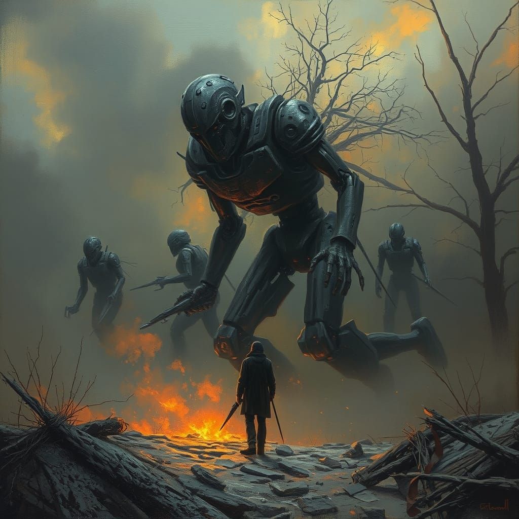 Robots Fleeing a Dystopian Landscape in a Dark, Gothic Style