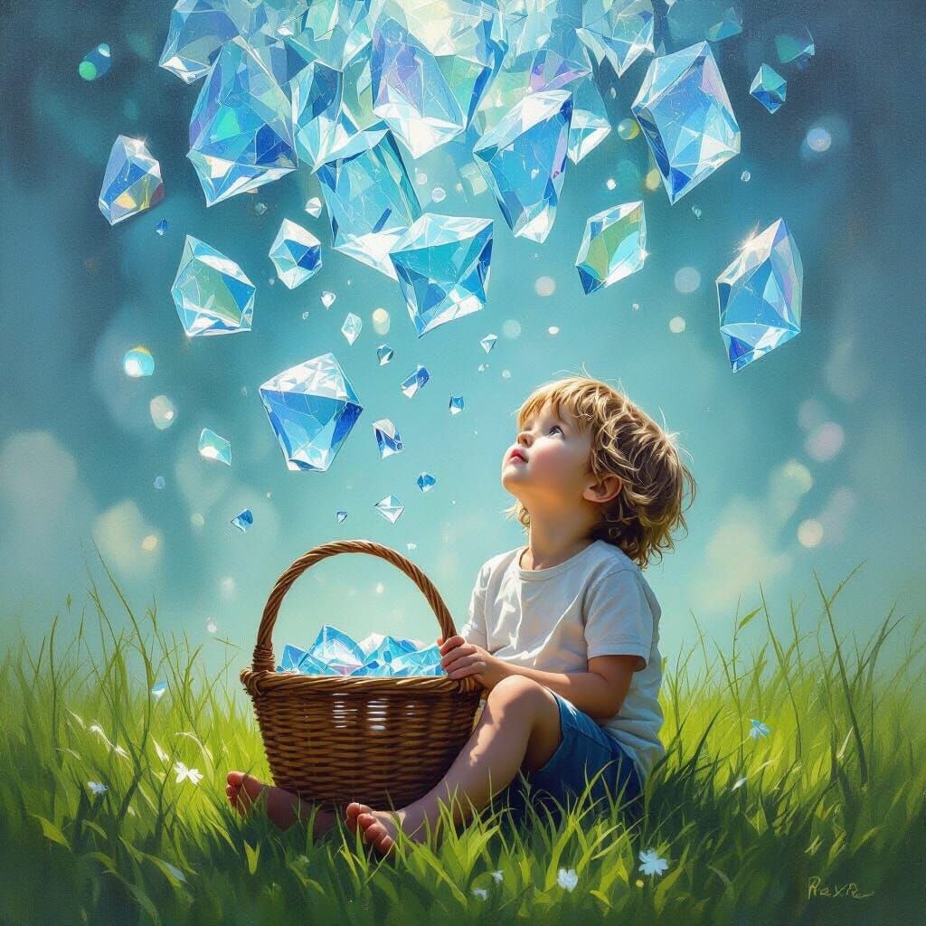 Surreal Icefall Dreamscape: Child's Wonder in Magritte Style