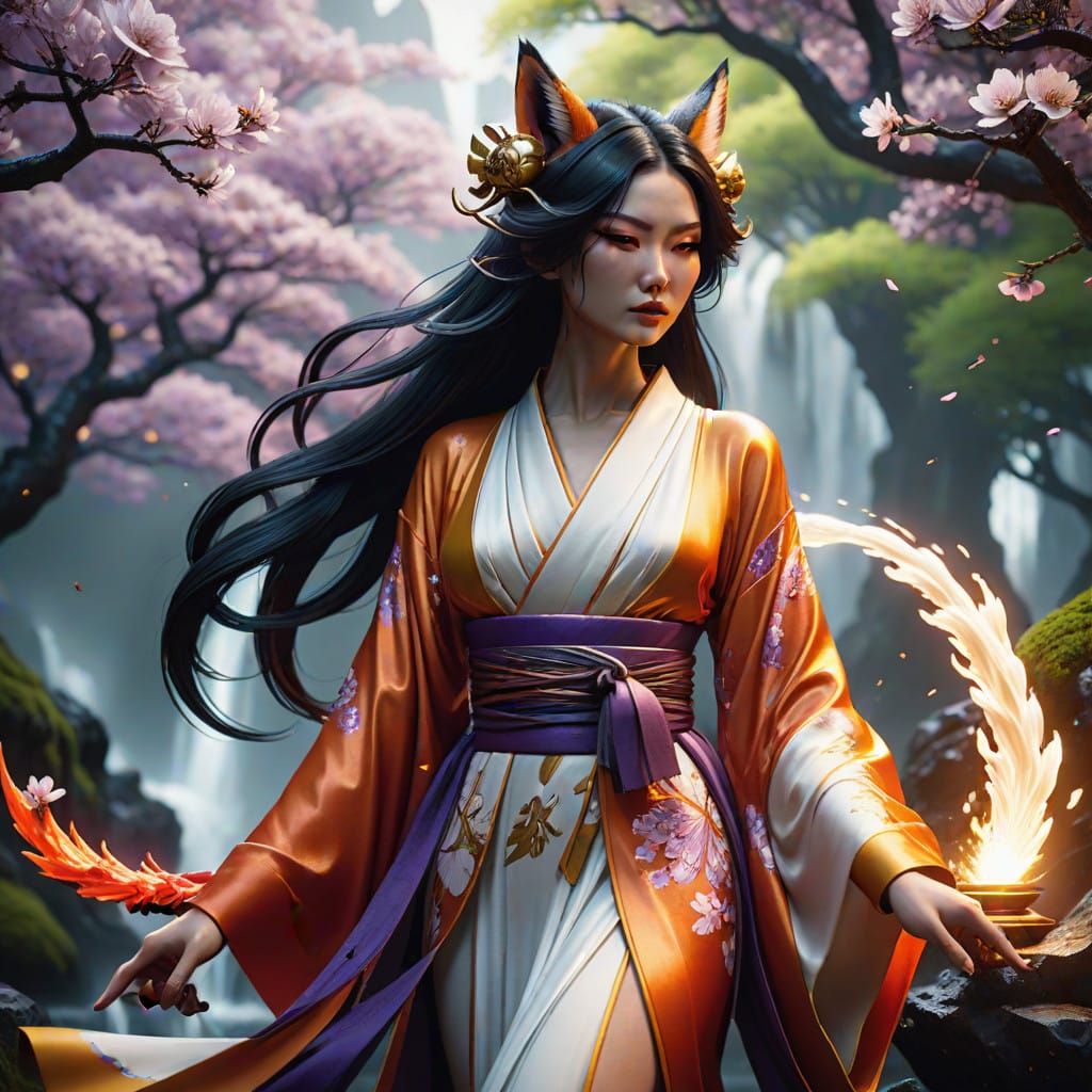 Mystical Kitsune in Cherry Blossom Forest with Nine Tails
