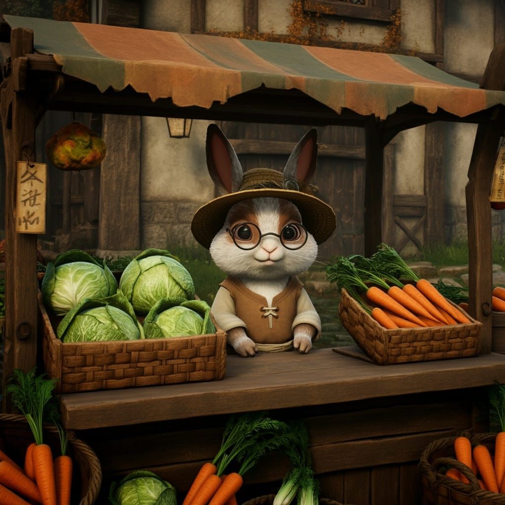 Rabbit Vendor in Whimsical Village Setting