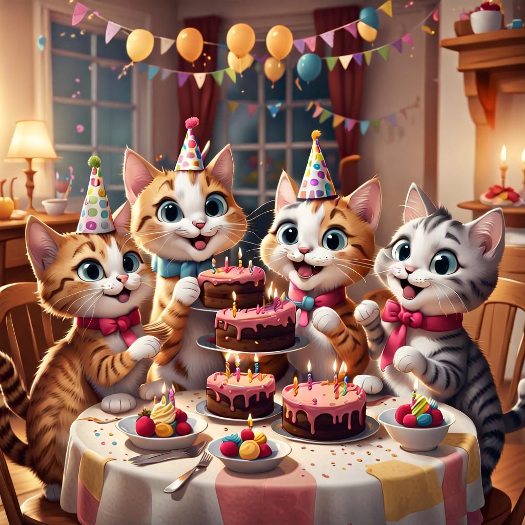 Cartoon Cat Family Birthday Celebration: Digital Art