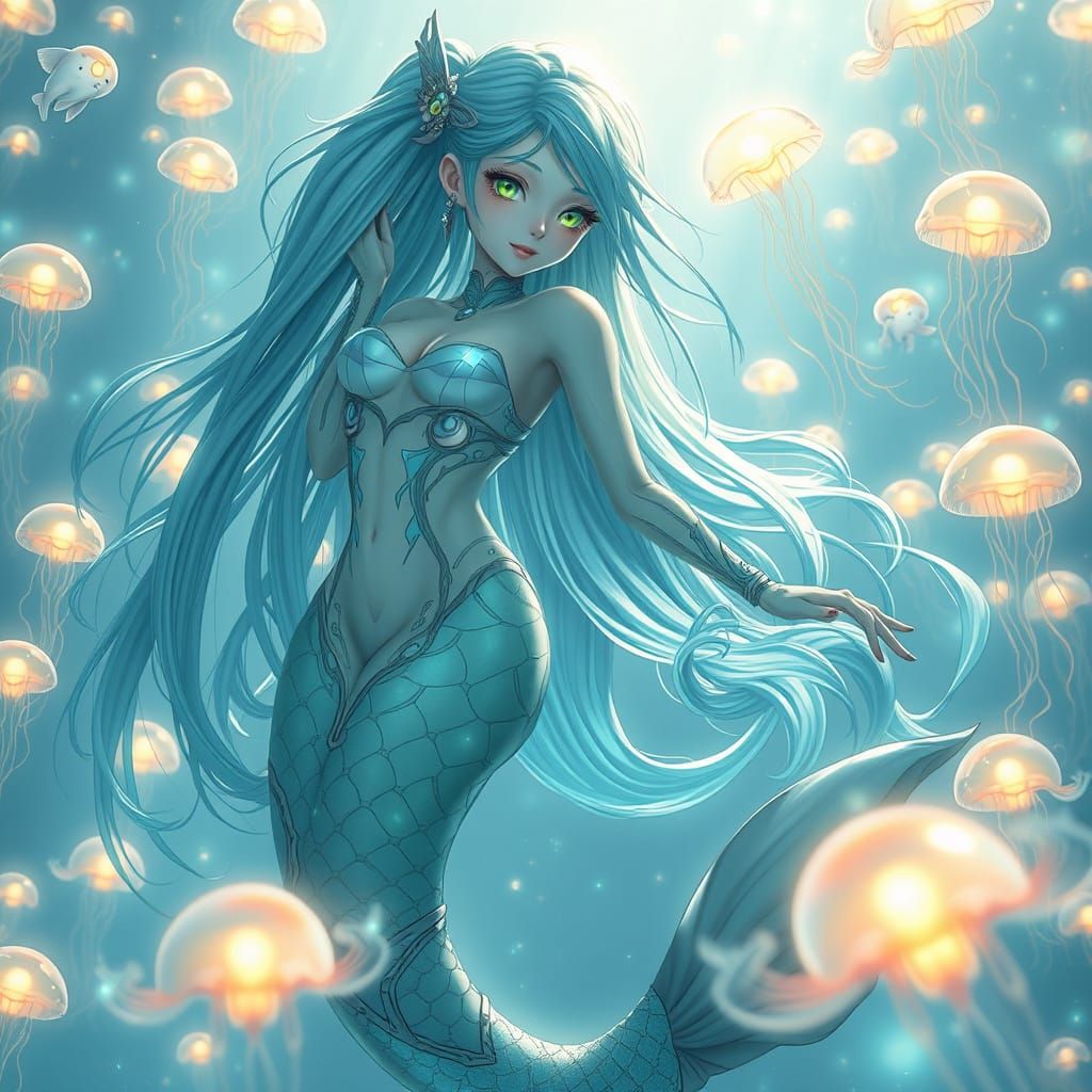Anime Android Mermaid in Ethereal, Glowing Surroundings