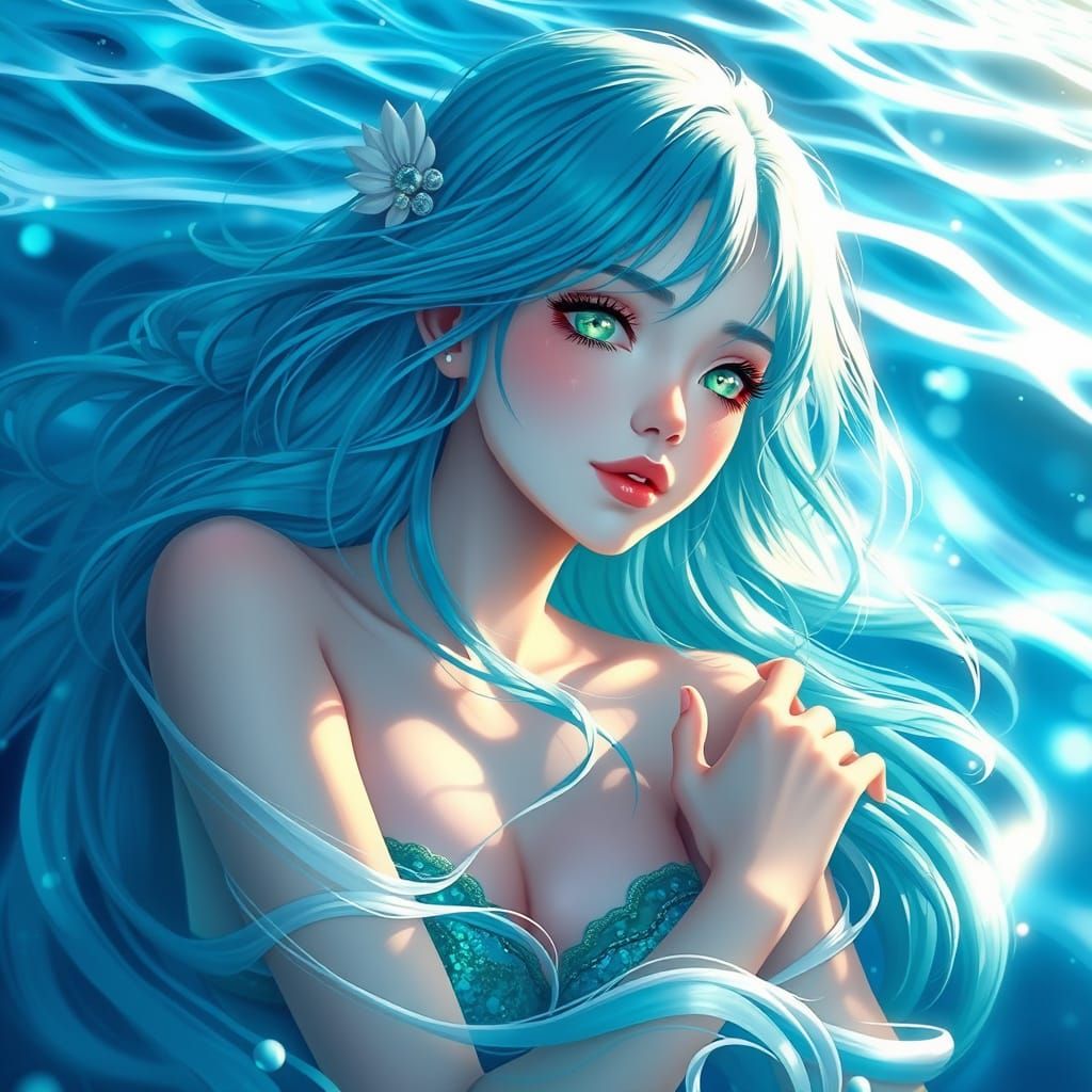 Anime Mermaid Goddess of the Ocean in Sapphire Hues