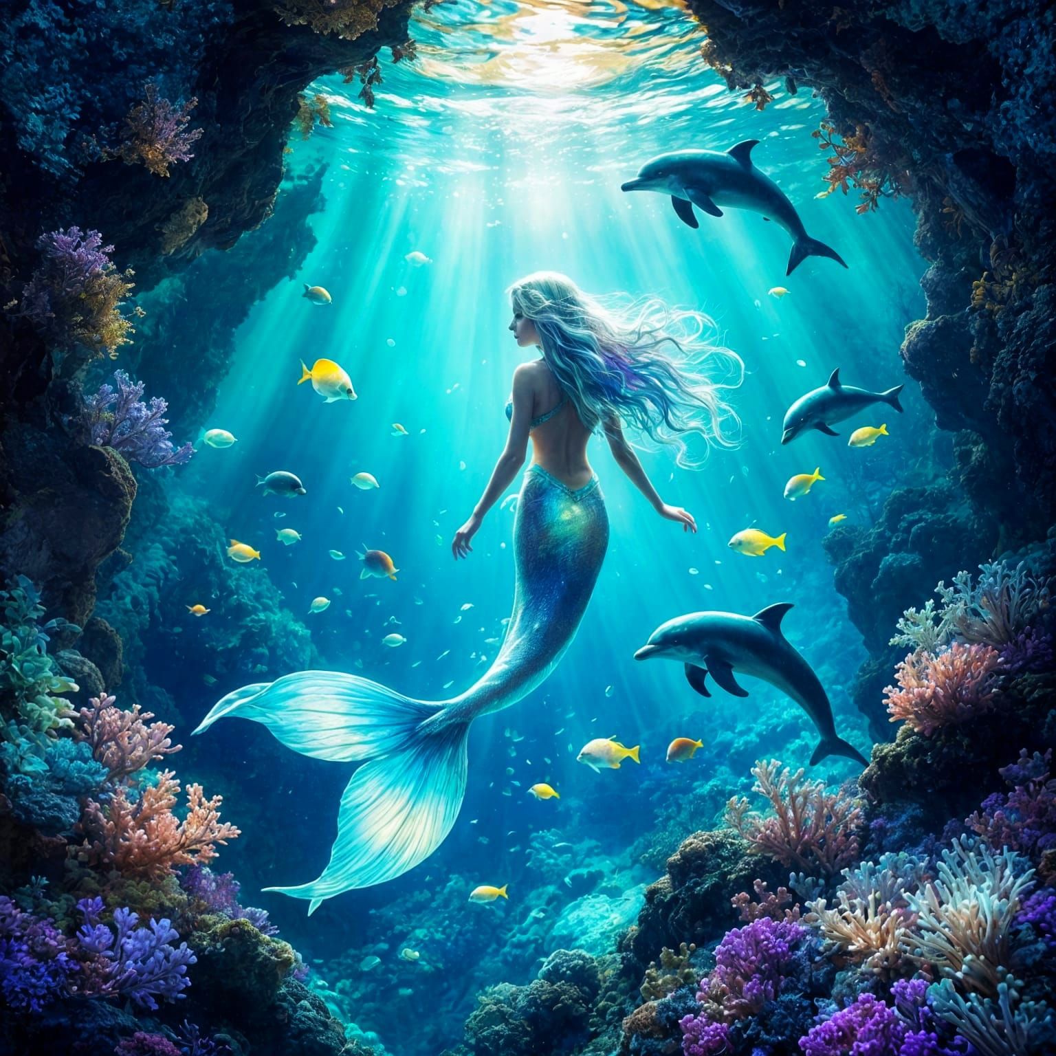 Ethereal Mermaid in Bioluminescent Grotto