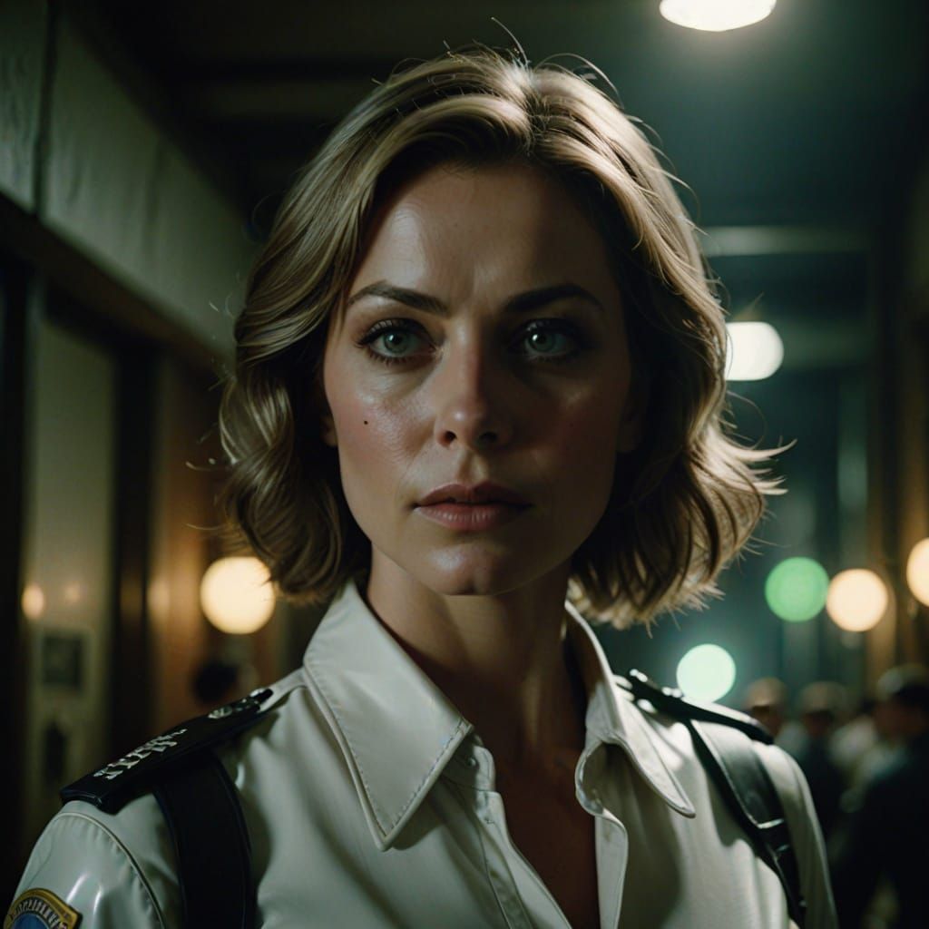 Female Detective in White Leather: Hyperrealistic Film Still