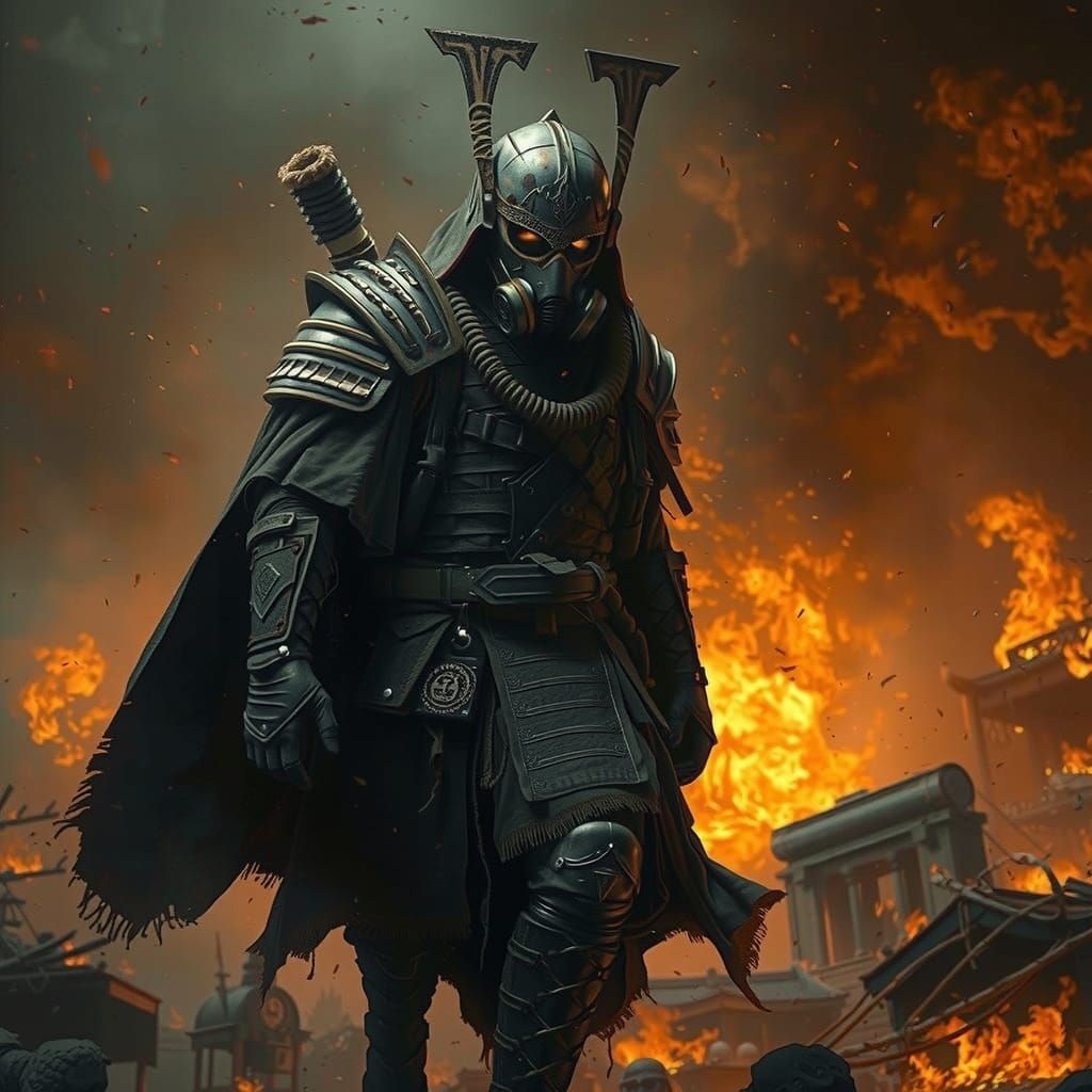 Giant Samurai in Inferno with Glowing Eyes