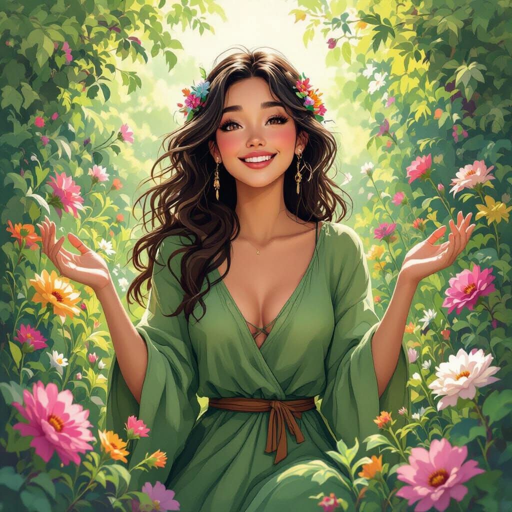 Joyful Satyress in Lush Flower Garden, Digital Art