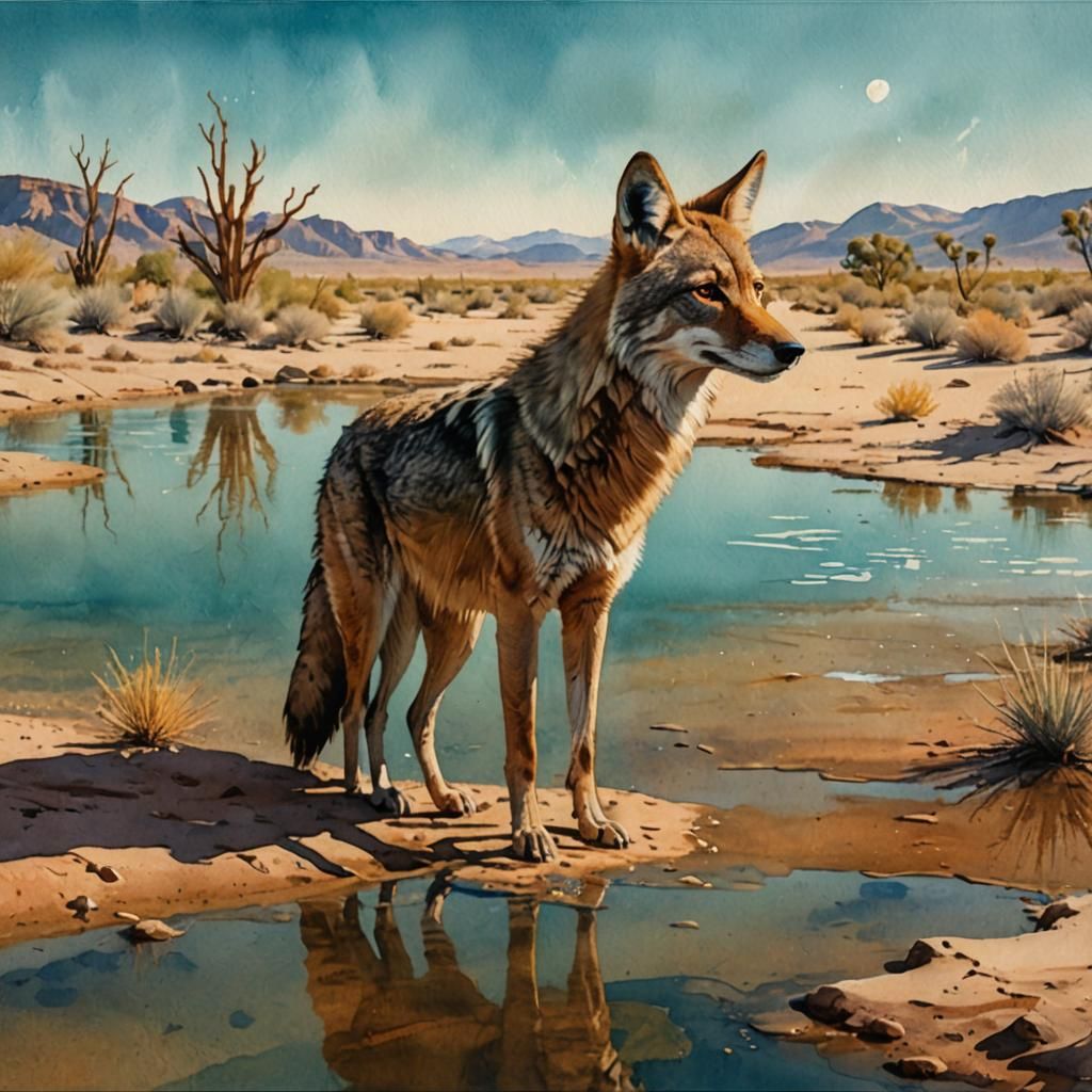 Coyote in Desert Oasis Watercolor Painting