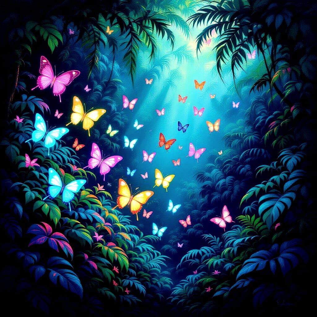 Bioluminescent Butterflies in Alien Jungle as Impasto Painti...
