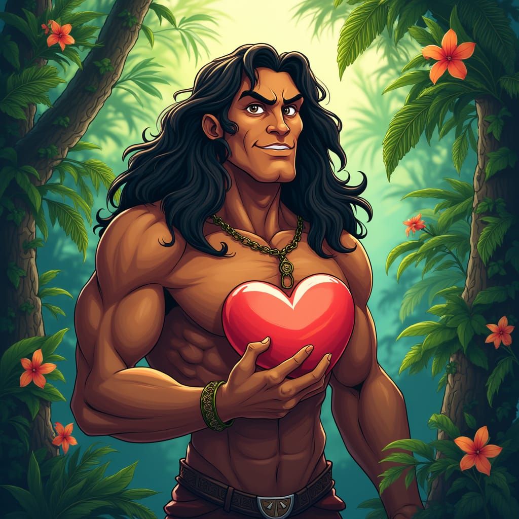 Tarzan in Lush Jungle, Cartoon Style Illustration