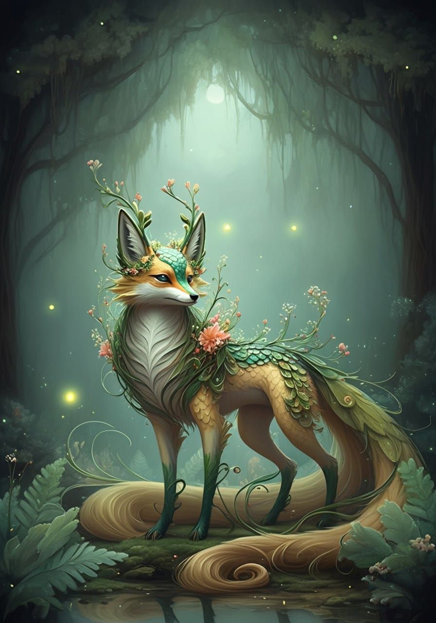 Mystical Flora Fox-Kirin in Moonlit Forest