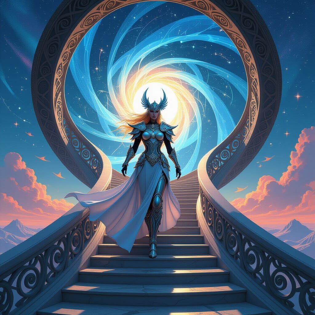 Celestial Valkyrie on Spiraling Staircase in Abstract Fracta...