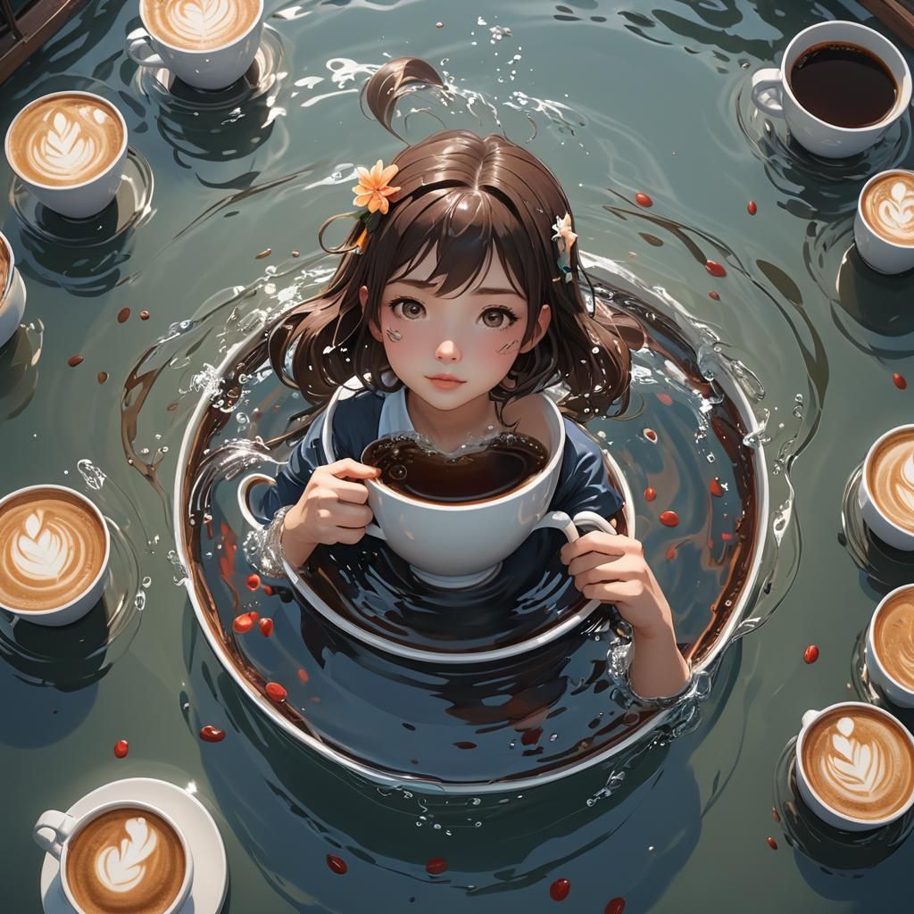 Anime Style Lady Swimming in Coffee Cup