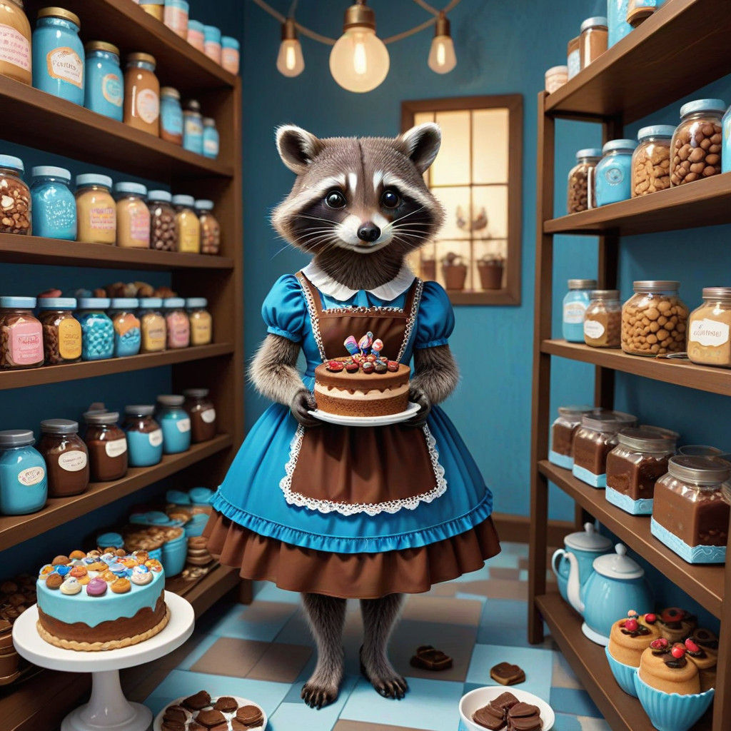 A Lady Racoon Enjoys a Whimsical Chocolate Wonderland