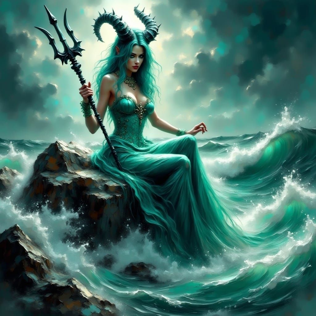 Siren Demon Lord Reigns Over the Stormy Sea in Impasto Digit...