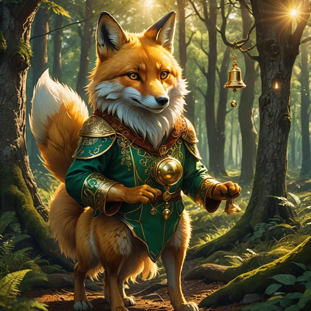 Golden Fox Admiring Bell in Forest Clearing