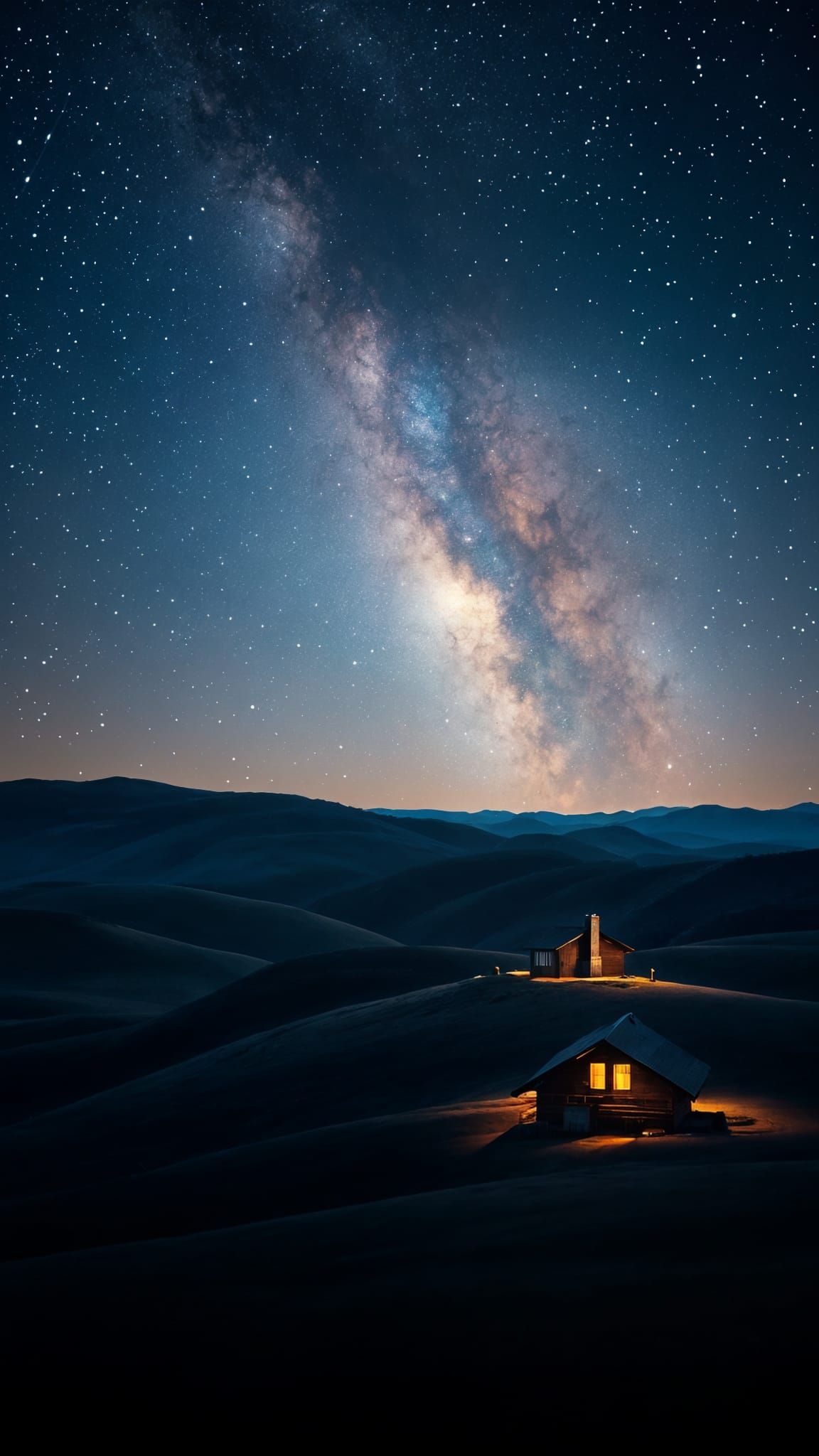 Realistic Landscape of Starry Night Sky with Rolling Hills a...