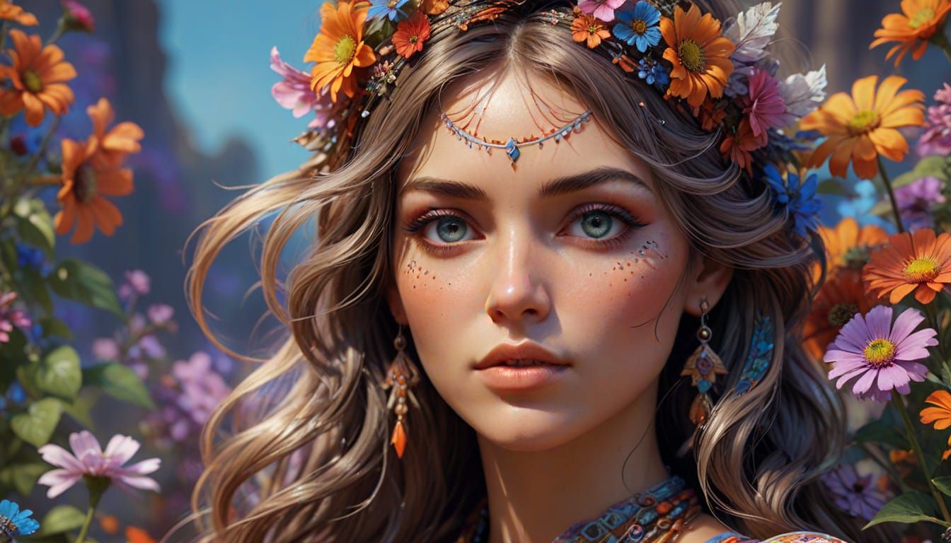 Hippie Woman with Flowers, Luis Royo Style