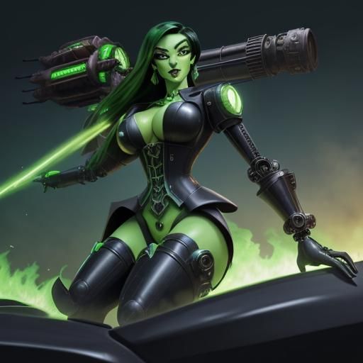 Shego Drives a Steampunk Robot with Green Flames