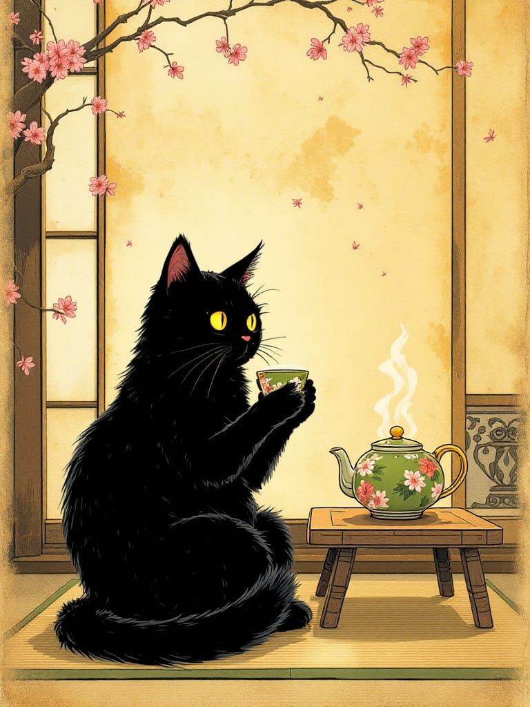 Meditating Black Cat Sips Tea in Cherry Blossom Season