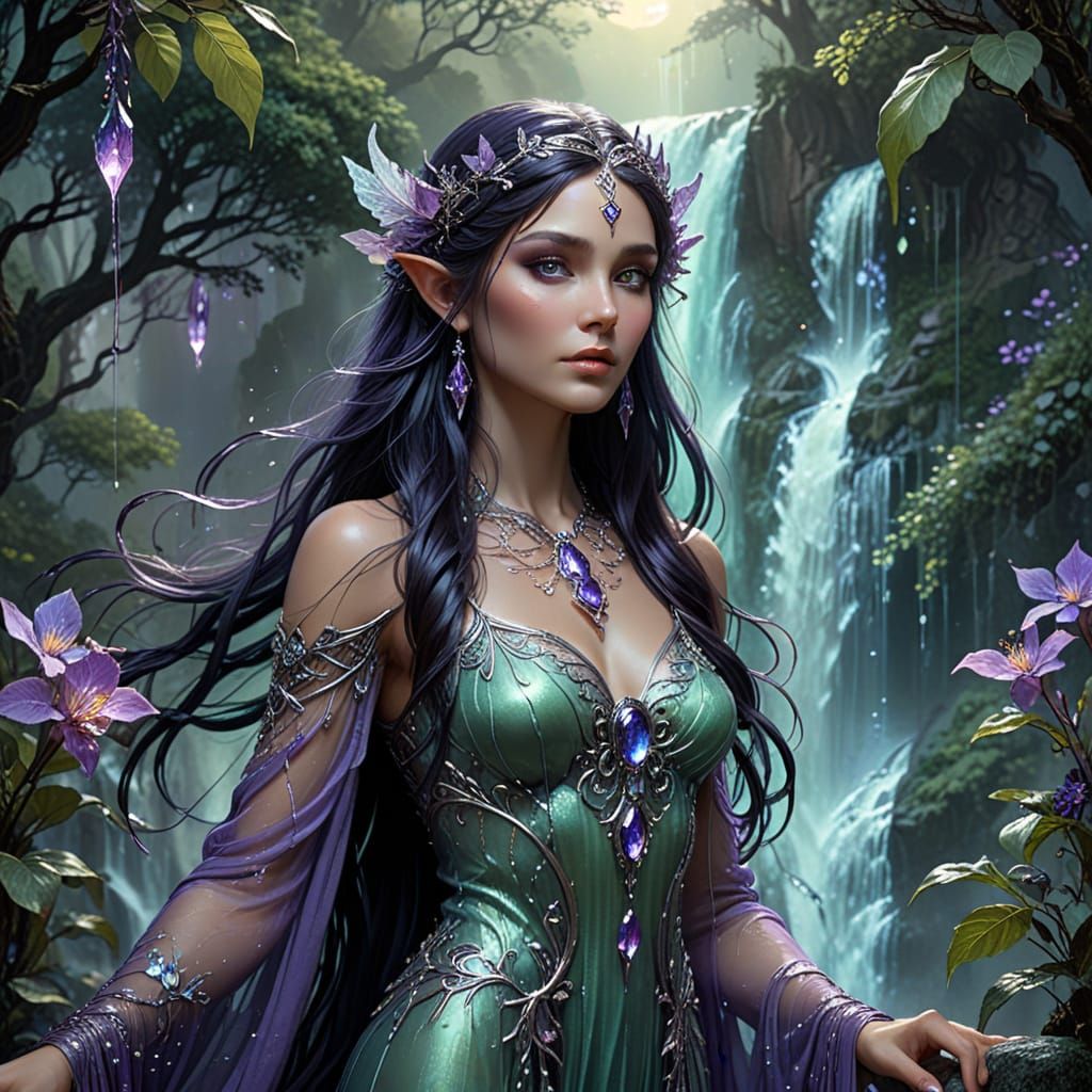 Regal Elven Queen by Waterfall in Ethereal Moonlight