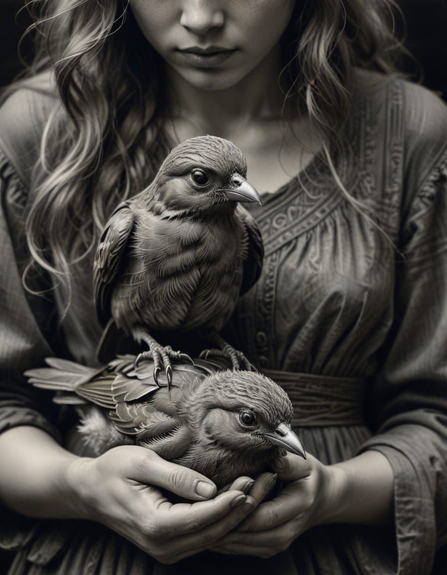 Woman Holding Bird: Hyperdetailed Charcoal Sketch