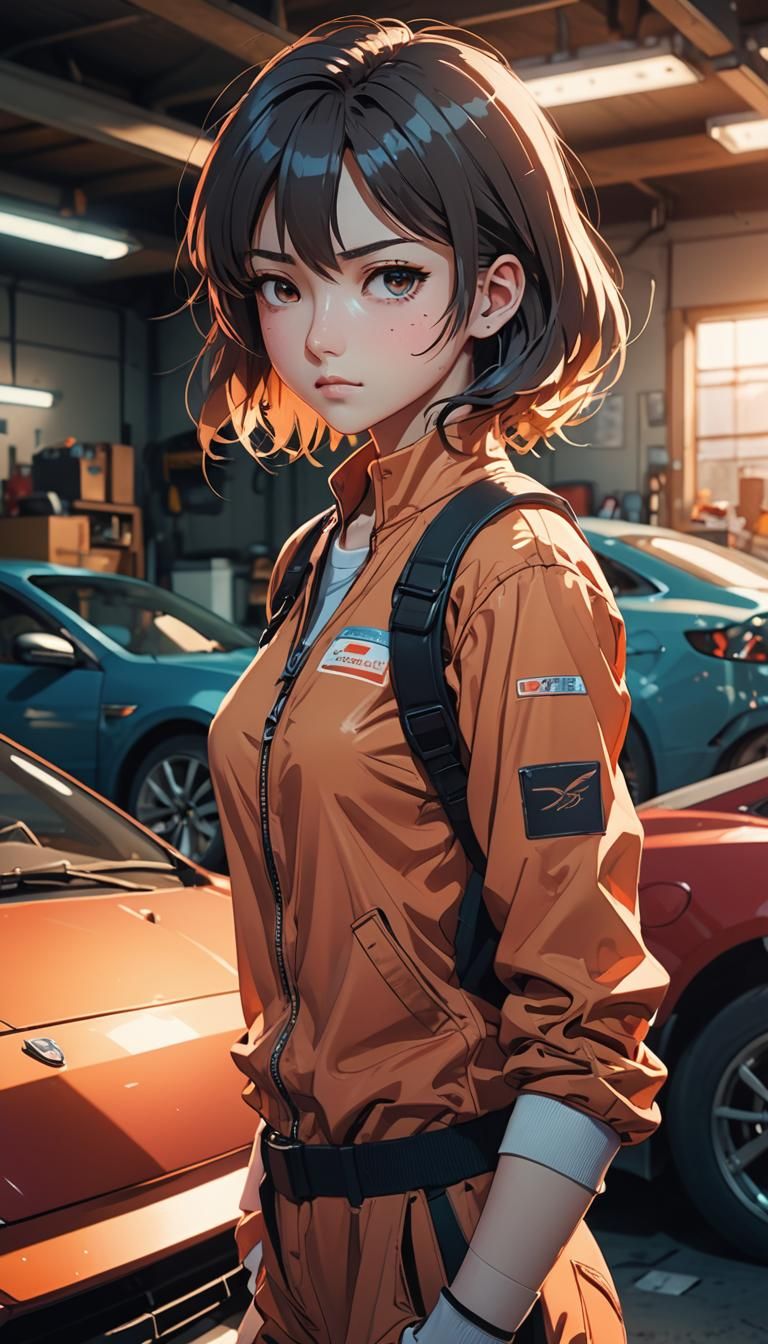 Energetic Anime Girl Examines Car in Garage