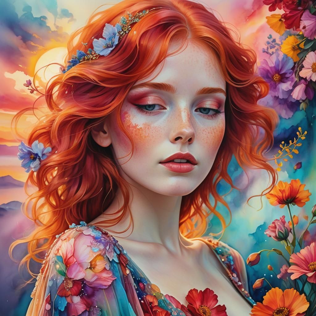 Redhead Woman in Ethereal Gown, Alcohol Ink Style