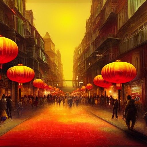 Chinese Lanterns and Balloons in Cityscape
