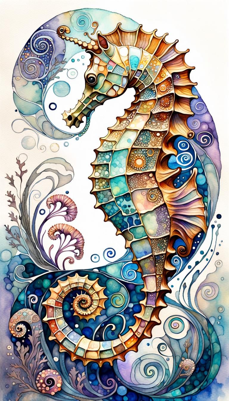 Opalescent Seahorse in Art Nouveau Watercolor Style