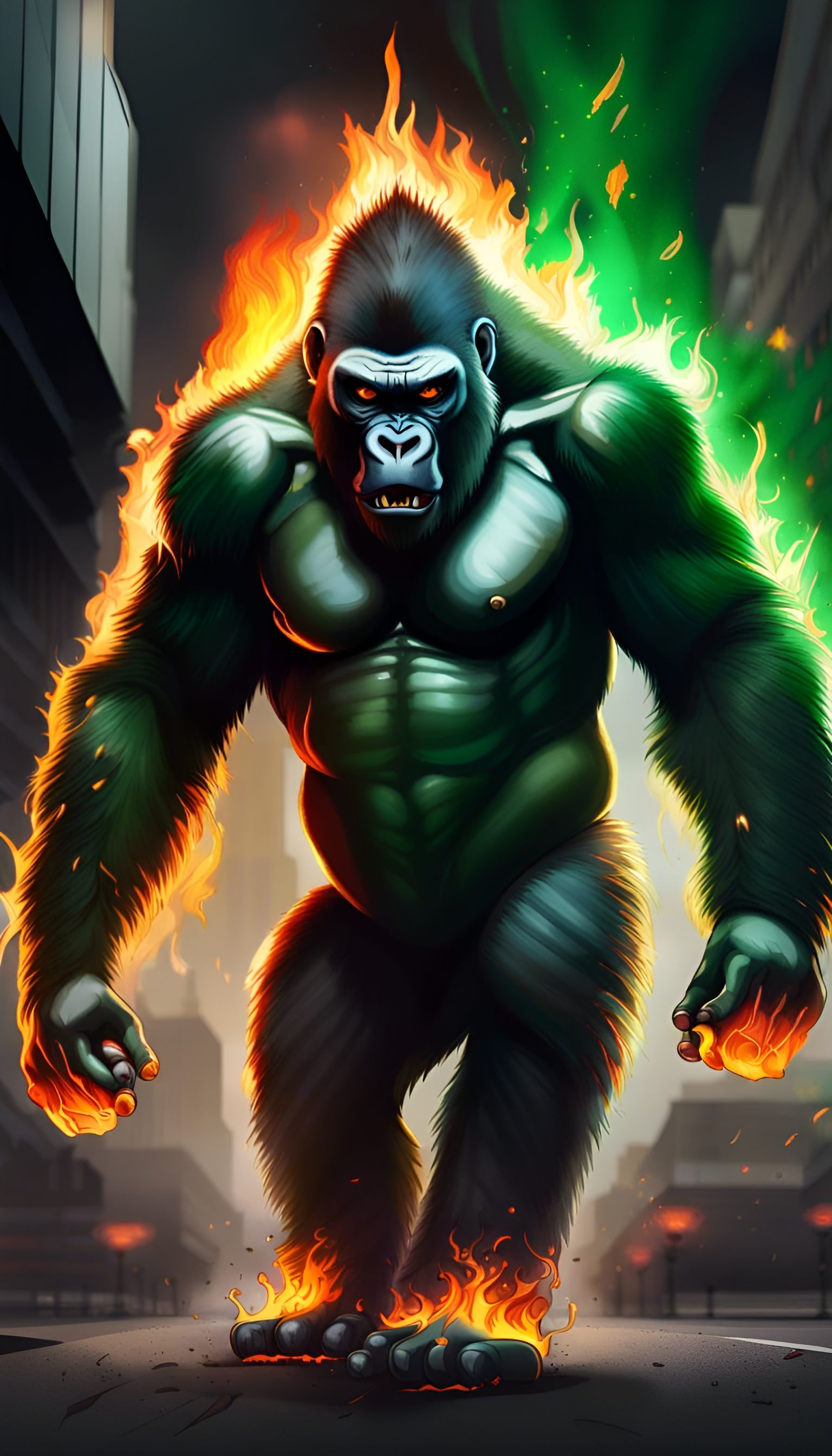 Hyperrealistic Gorilla Icon Walking on Fire