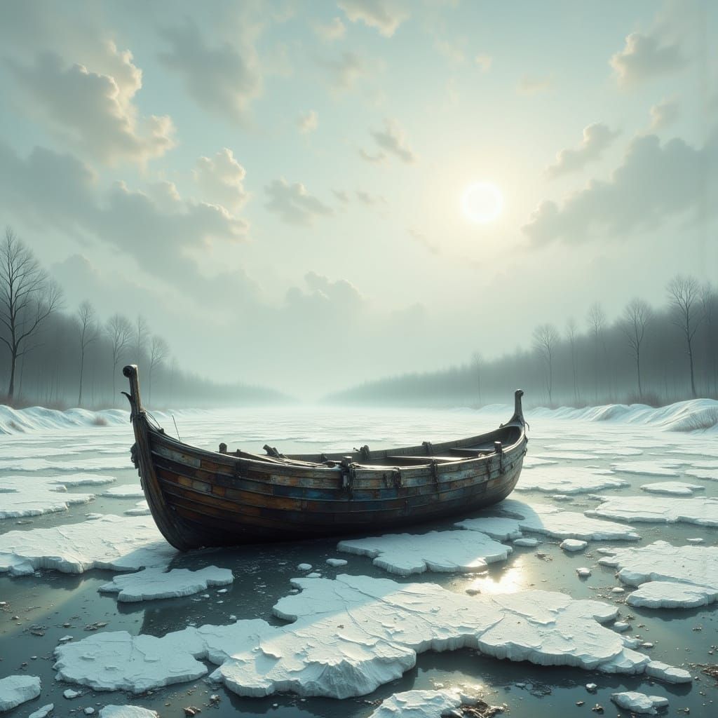 Lone Boat on Frozen Ice Under Winter Sun