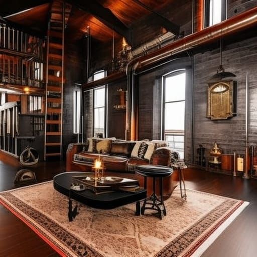 Steampunk loft apartment with cherrywood walls& fully functional with living room& kitchen& bathroom& upstairs bedroom& ...