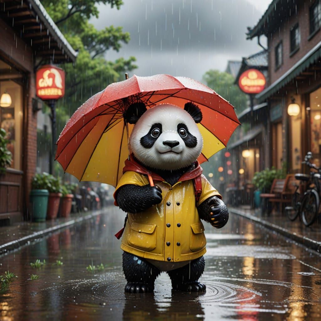 Whimsical Panda in a Rainbow-Themed Rainy Day Scene