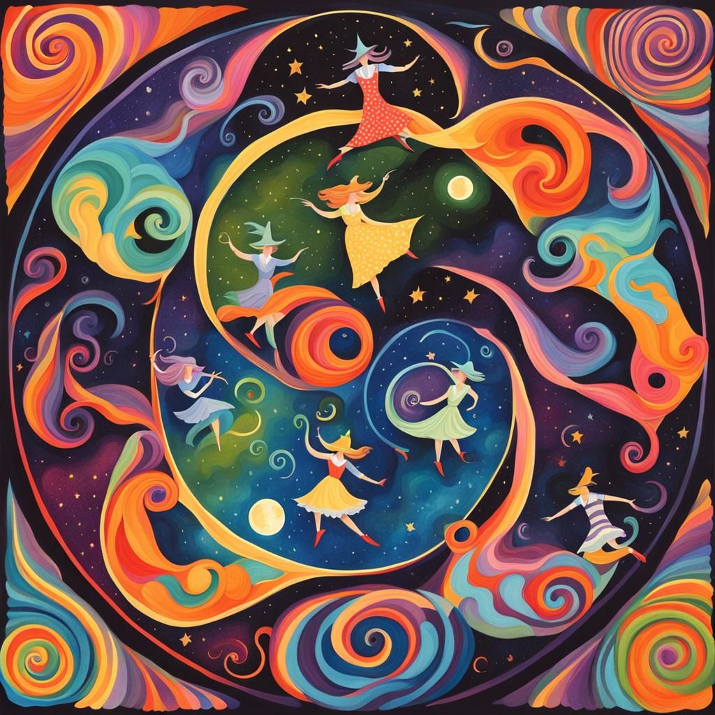 Witches Dancing in a Circle Under Moonlight