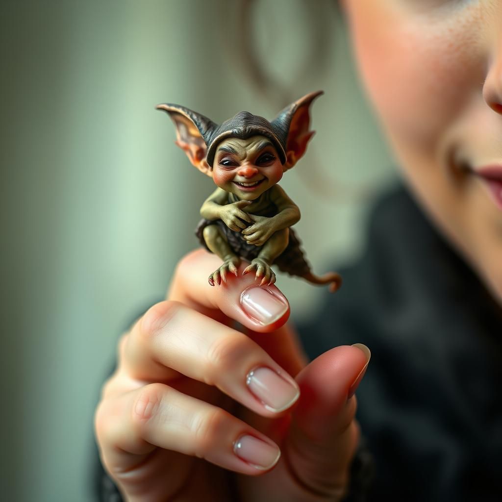 Enchanting Goblin Perched on Woman's Fingertip